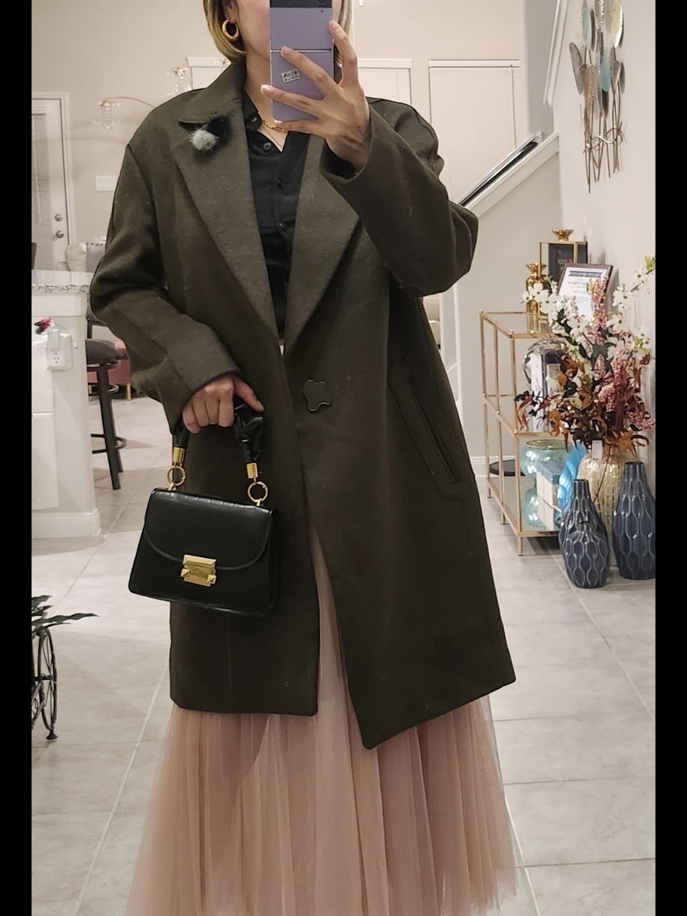 Women’s Olive Green Wool Blend Trench Coat - Classic Oversized Style